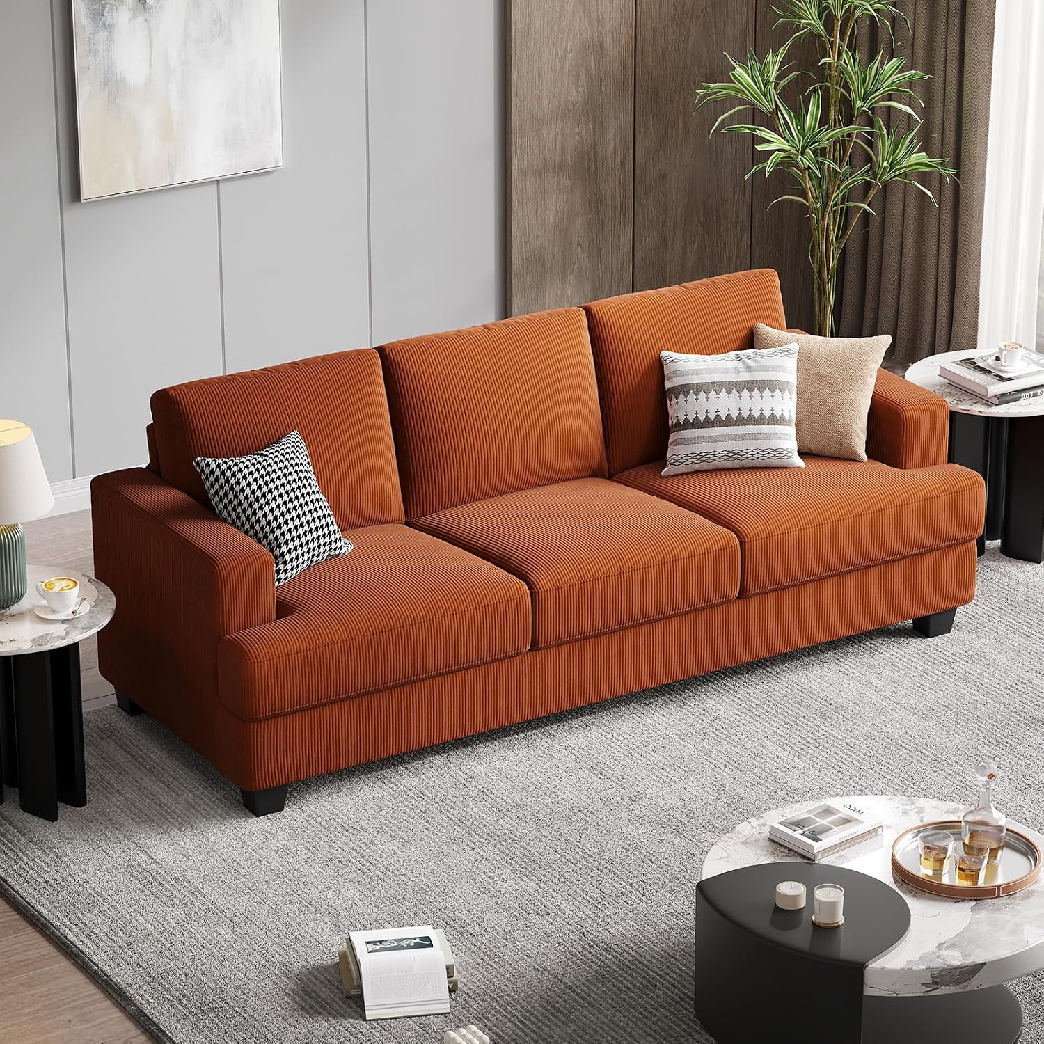 COPIAE 89 Inch Sofa with Extra Deep Seats Oversize, 3 Seater Sofa for Living Room, Modern Couch and Sofa, Comfy Armrests and Seats and Backrests, Easy Installation, Corduroy Fabric Rust
