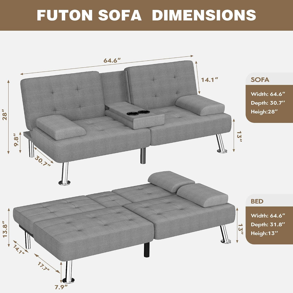 Homall Futon Sofa Bed, Futon Couch with Removable Armrests, Adjustable Recliner Sleeper Sofa Bed with Dual Cup Holders for Living Room, Apartment, Office (Fabric, Light Grey)