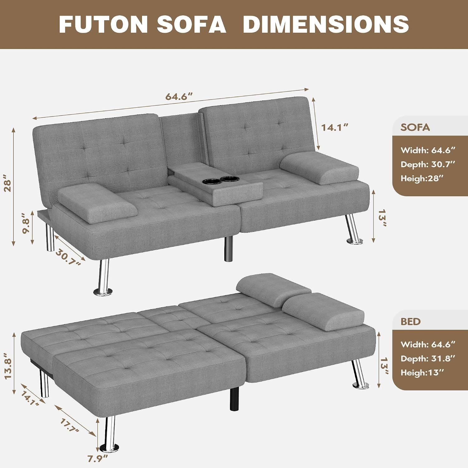 Homall Futon Sofa Bed, Futon Couch with Removable Armrests, Adjustable Recliner Sleeper Sofa Bed with Dual Cup Holders for Living Room, Apartment, Office (Fabric, Light Grey)