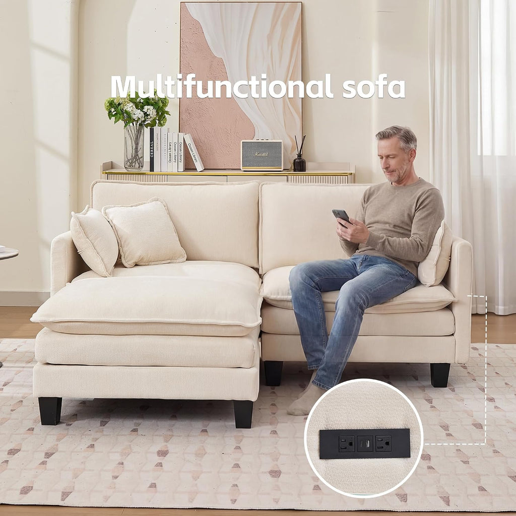 Opiesit Modular Sectional Sofa with Movable Ottoman, 75' 3-Seat Modern Couches for Living Room, Comfy L Shaped Couch Set with Deep Seat for Office and Apartment, Beige Chenille Fabric
