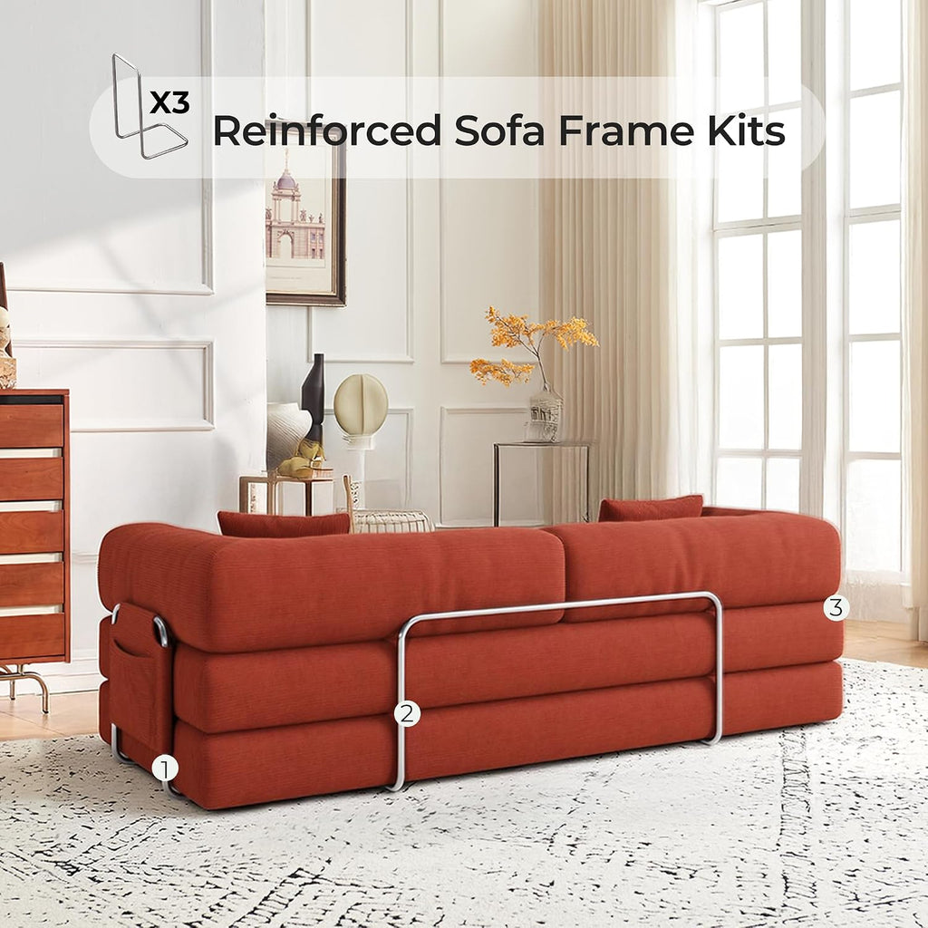 79' Convertible Sofa Bed with Pillows, Corduroy Folding Sleeper Sofa with Fixed-Shape Frame, Boneless Couch for Living Room Bedroom, Floor Sofa Lounge No Assembly Required (A - Style-Orange)