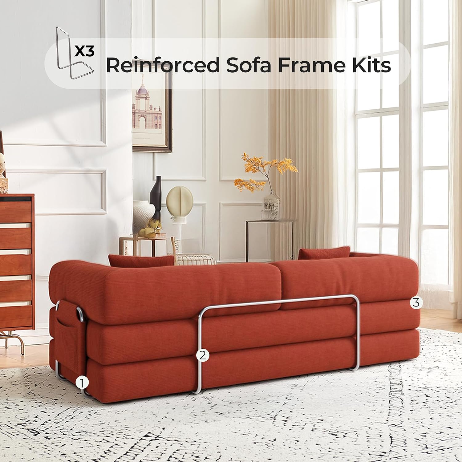 79' Convertible Sofa Bed with Pillows, Corduroy Folding Sleeper Sofa with Fixed-Shape Frame, Boneless Couch for Living Room Bedroom, Floor Sofa Lounge No Assembly Required (A - Style-Orange)
