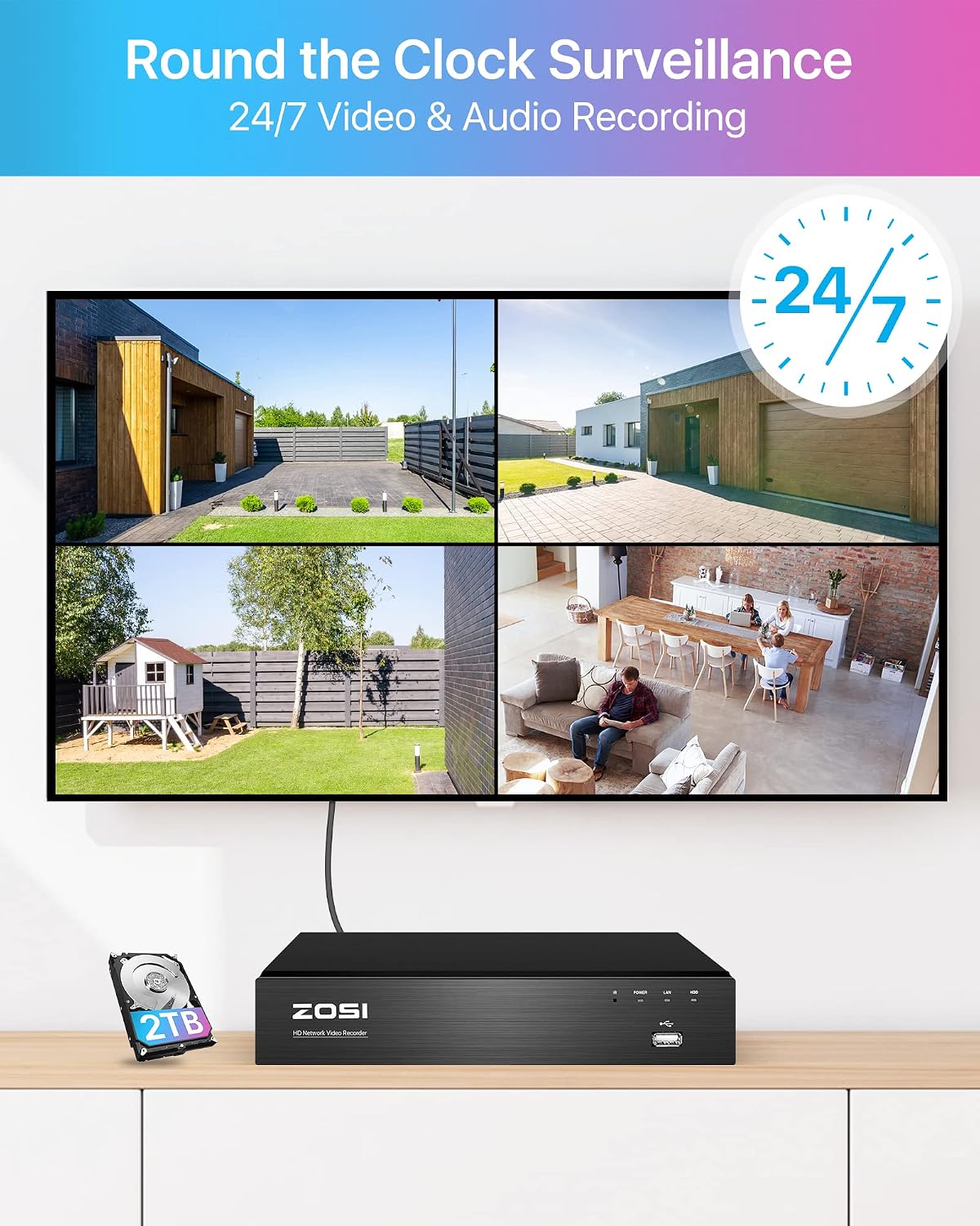 ZOSI 4K PoE Security Camera System,2 Way Audio,8 Ports 16CH 8MP/4K NVR with 2TB HDD,4pcs 8MP Outdoor Indoor PoE IP Cameras,Person Vehicle Detection,Spotlight Color Night Vision,for 24/7 Recording