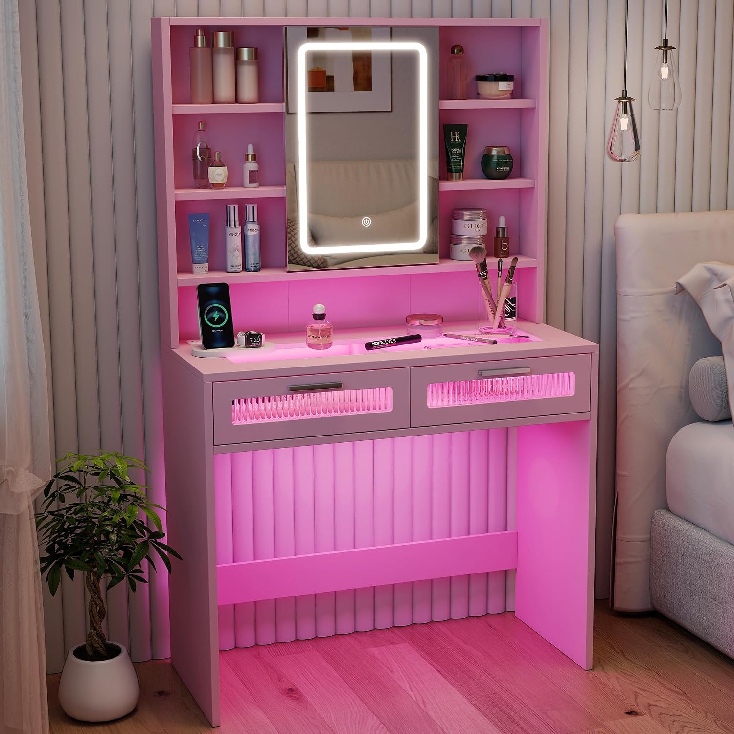 Hadulcet Pink Vanity Desk with Mirror and Lights, 35.5' Small LED Makeup Vanity Desk with 2 Acrylic Drawers, 6 Storage Shelves and Power Outlets for Girls Women Bedroom Dressing Room