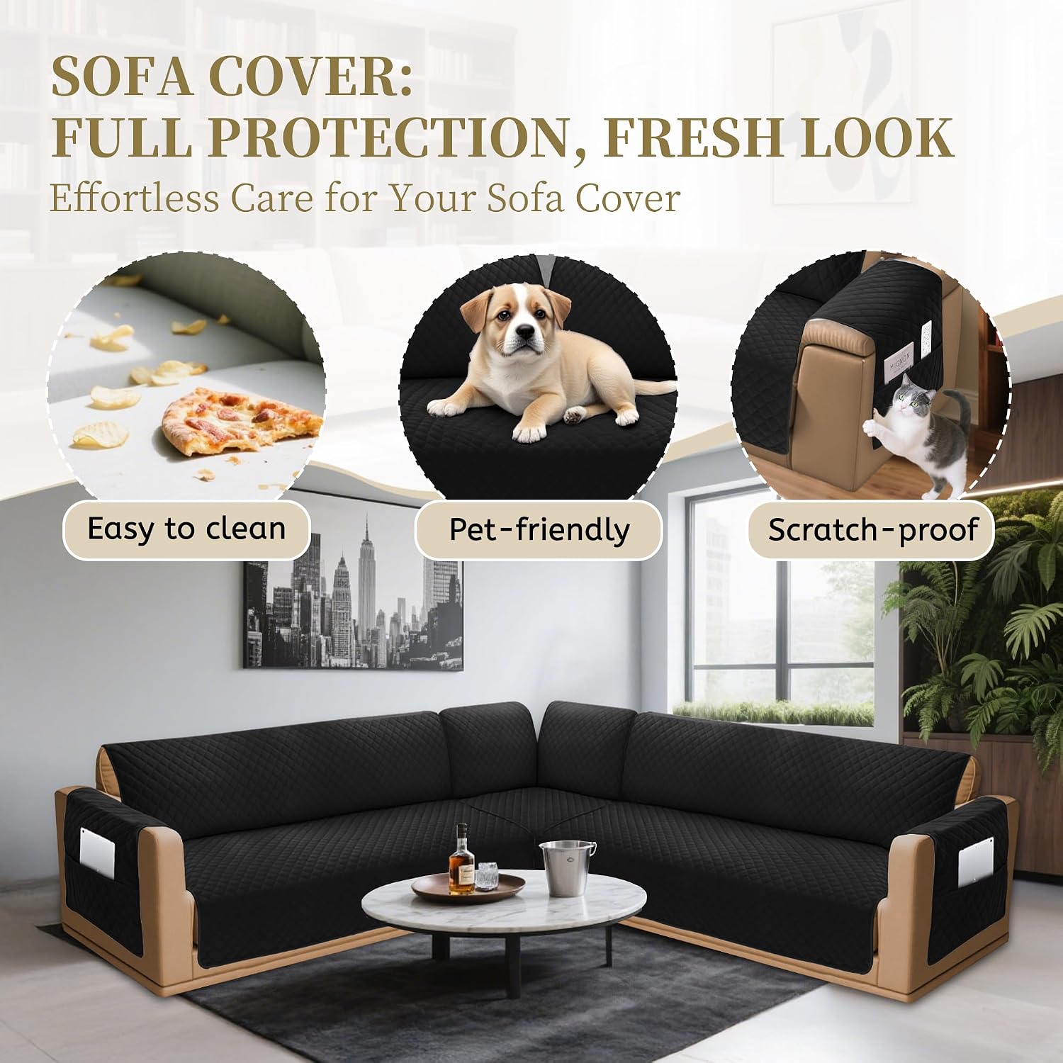 Sectional Couch Covers for Dogs 100% Waterproof Corner L Shaped Sofa Cover Pet Friendly Velvet Washable Anti Slip L Shape Modular Sofa Slipcover Protector with Pockets (Black, Large)