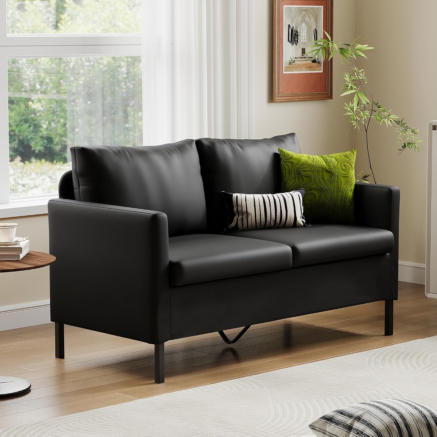 TYBOATLE Faux Leather Modern Small Couches for Small Spaces, Comfy Upholstered Love Seat for Bedroom, 2 Seater Mini Couch for Apartment, Dorm, Office, Black