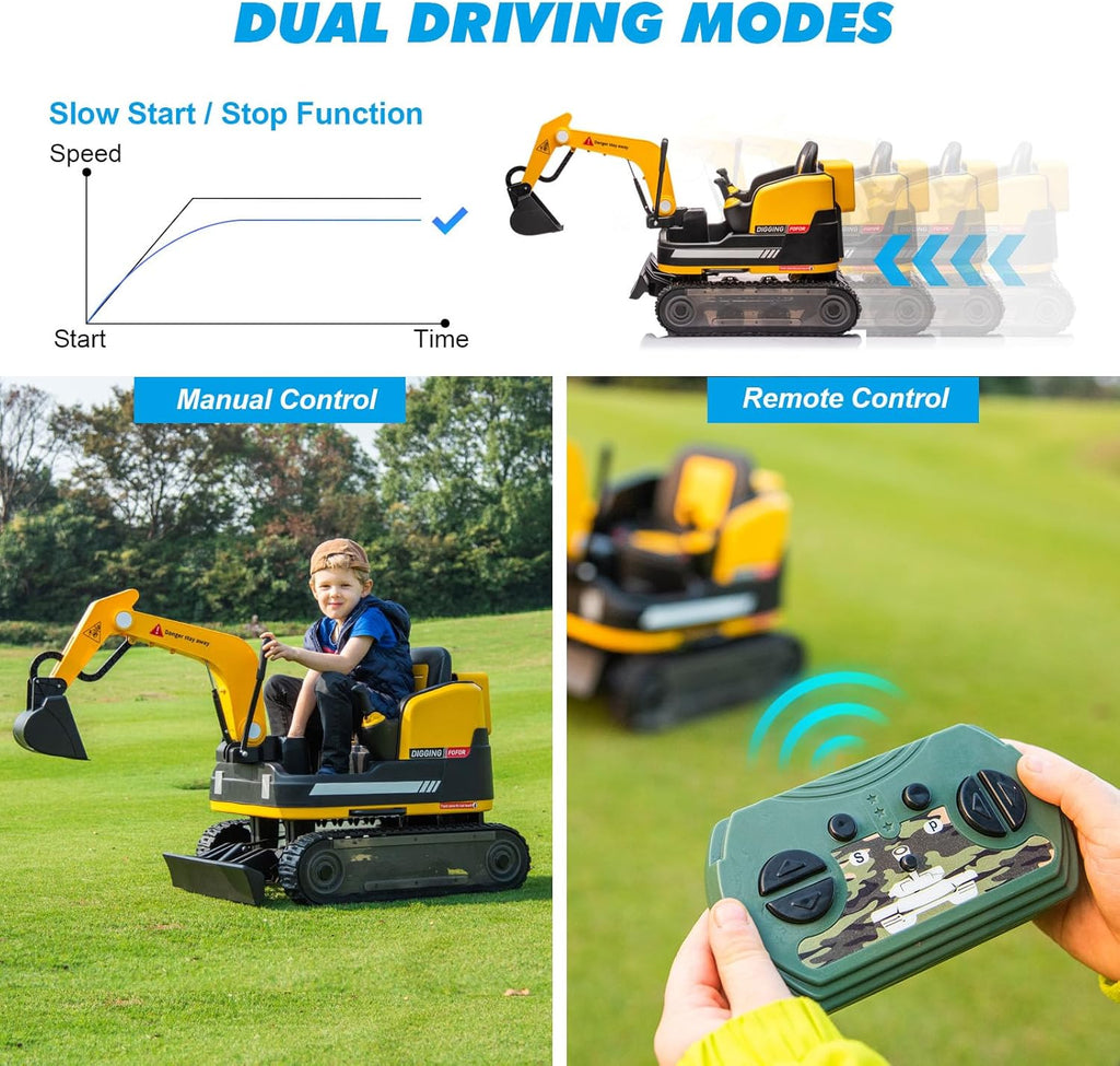 JOYLDIAS 360 Degree Rotating Ride On Excavator and Bulldozer,12V12AH Battery Powered Ride On Toy Backhoe W/Track Design Wheels for All Terrain,Remote Control,MP3,Toolbox for Kids,Parent,Yellow