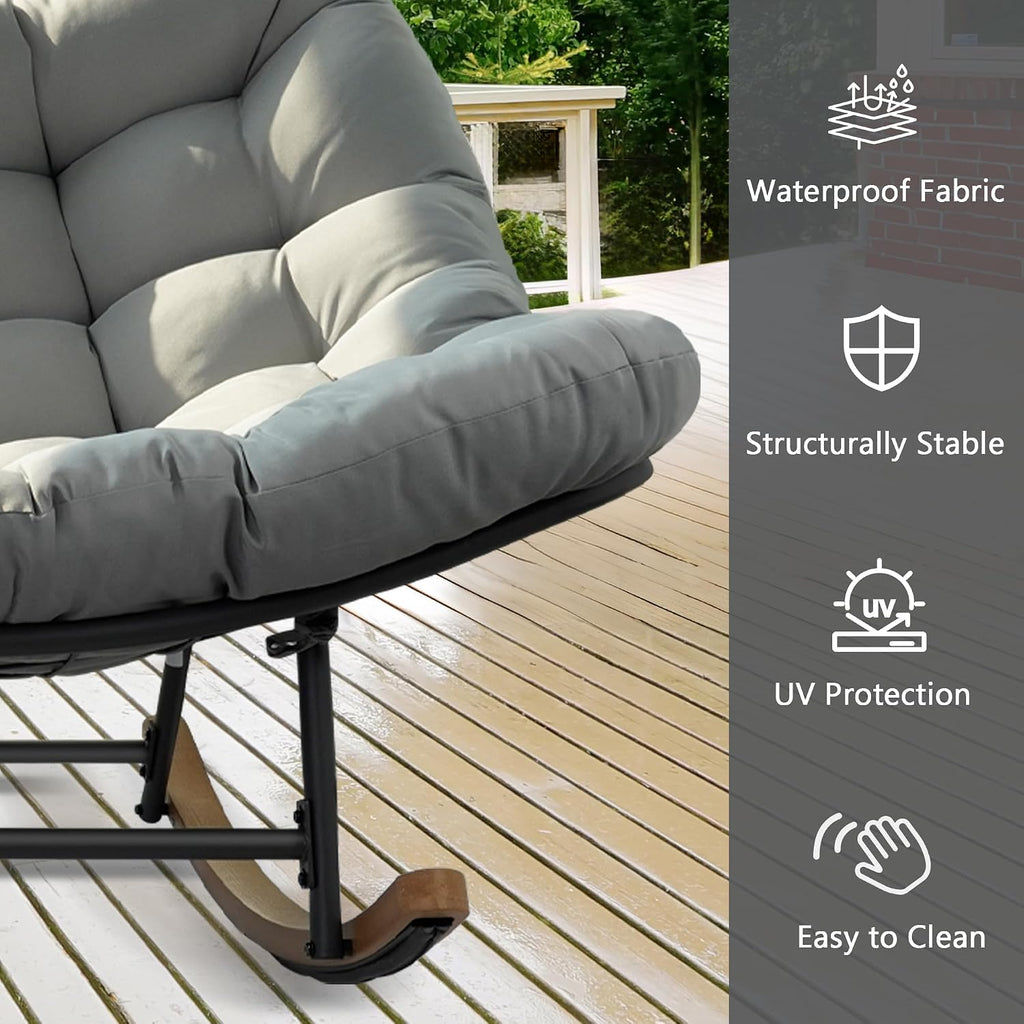 Oversized Double Papasan Rocking Chair Outdoor Indoor for 2, 660 lbs Heavy Duty Patio Rocking Chair with Thick Cushion, Comfy Egg Loveseat Recliner for Balcony Backyard Garden, Grey