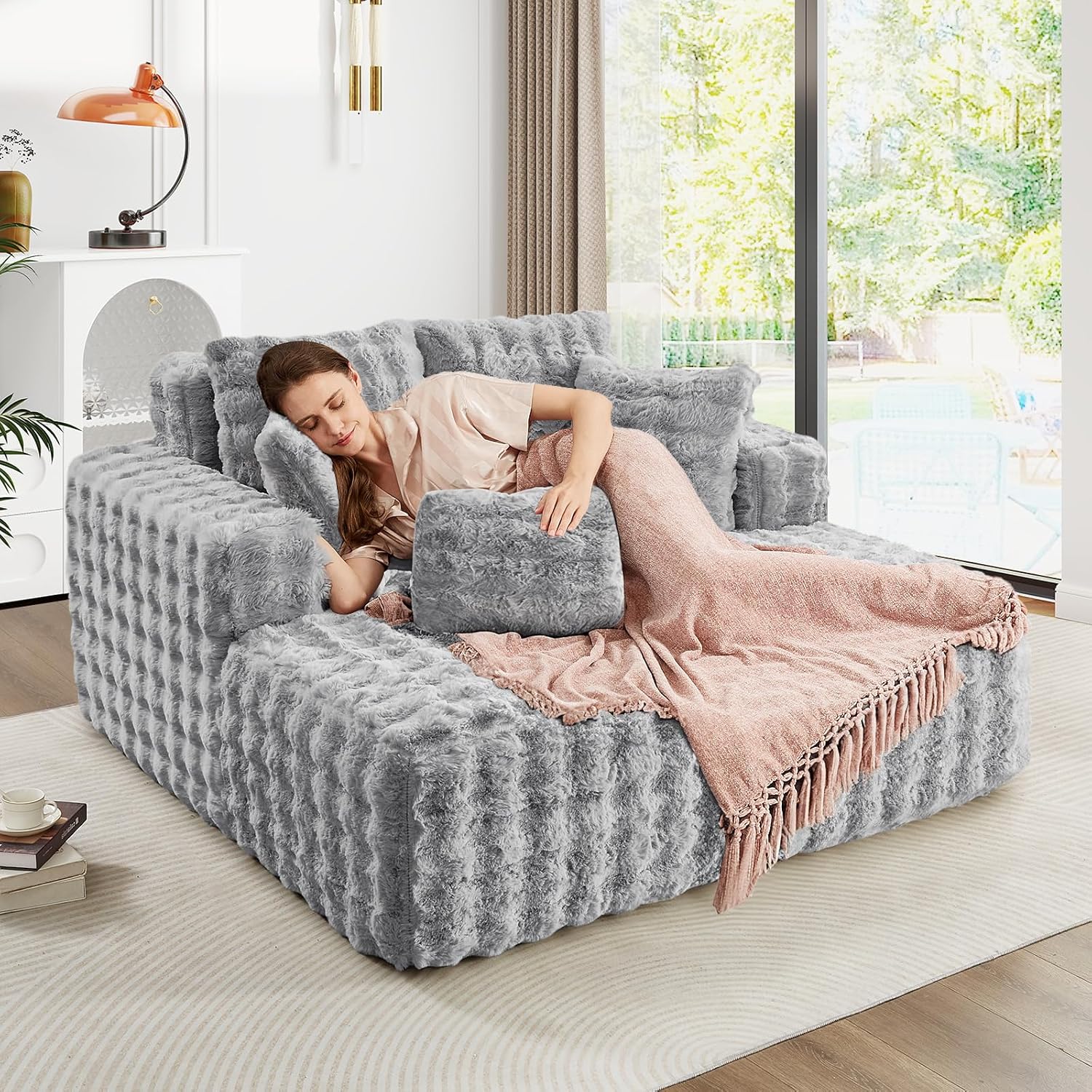 JEEOHEY 56'W Oversized Chaise Lounge Chair Indoor,Plush Faux Fur Sleeper Couch Sofa Bed with Pillows,Fluffy Comfy Cloud Sofa,Compression Foam Boneless Couch for Living Room,Bedroom(Bubble, Light Grey)