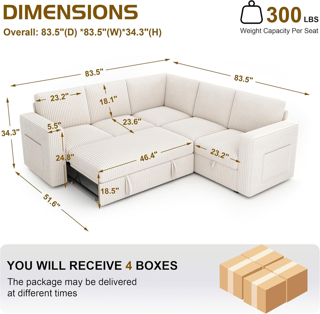 83.5' Sectional Sleeper Sofa with Pull Out Couch, Modern 5 Seat L Shaped Modular Couch, Sectionals Modular Sofa with Storage, Comfy Corduroy Couches Sectional for Living Room & Apartment, Beige