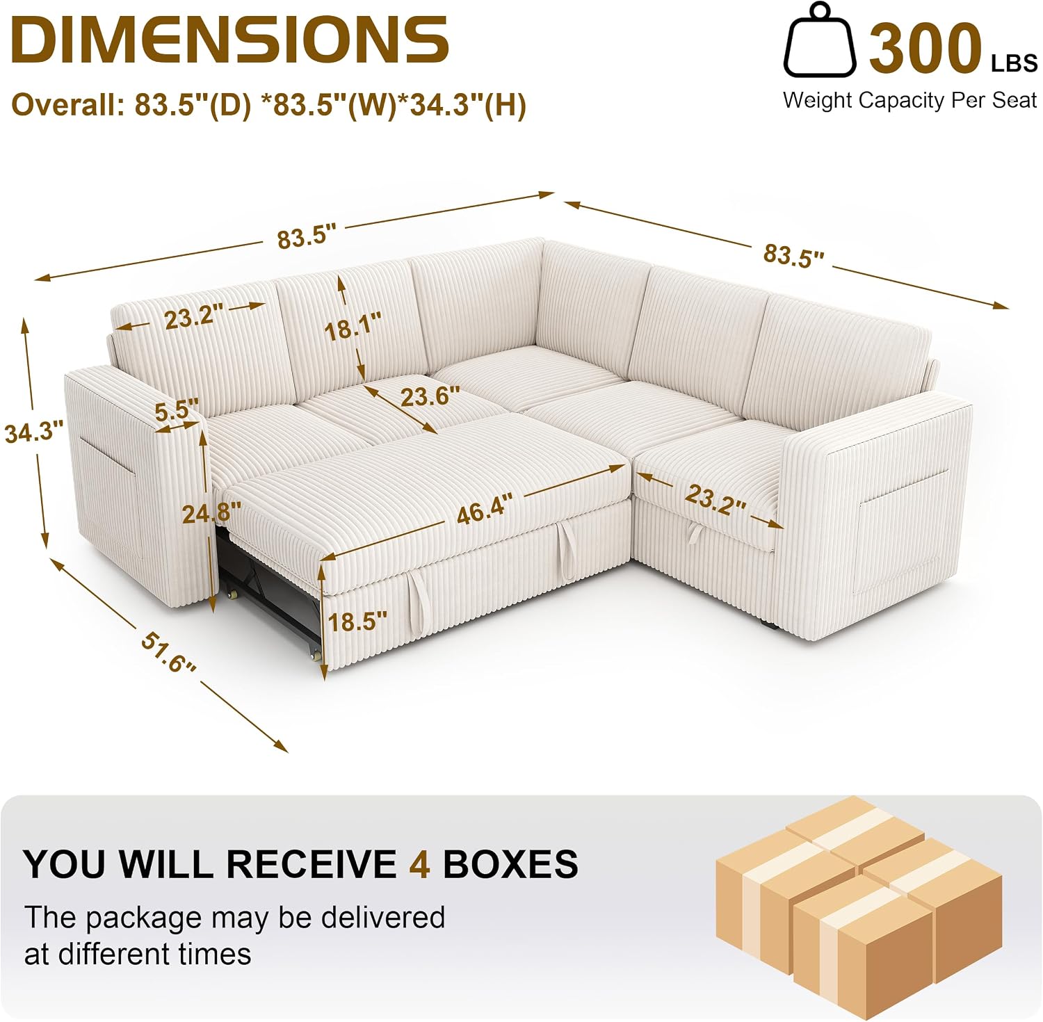 83.5' Sectional Sleeper Sofa with Pull Out Couch, Modern 5 Seat L Shaped Modular Couch, Sectionals Modular Sofa with Storage, Comfy Corduroy Couches Sectional for Living Room & Apartment, Beige