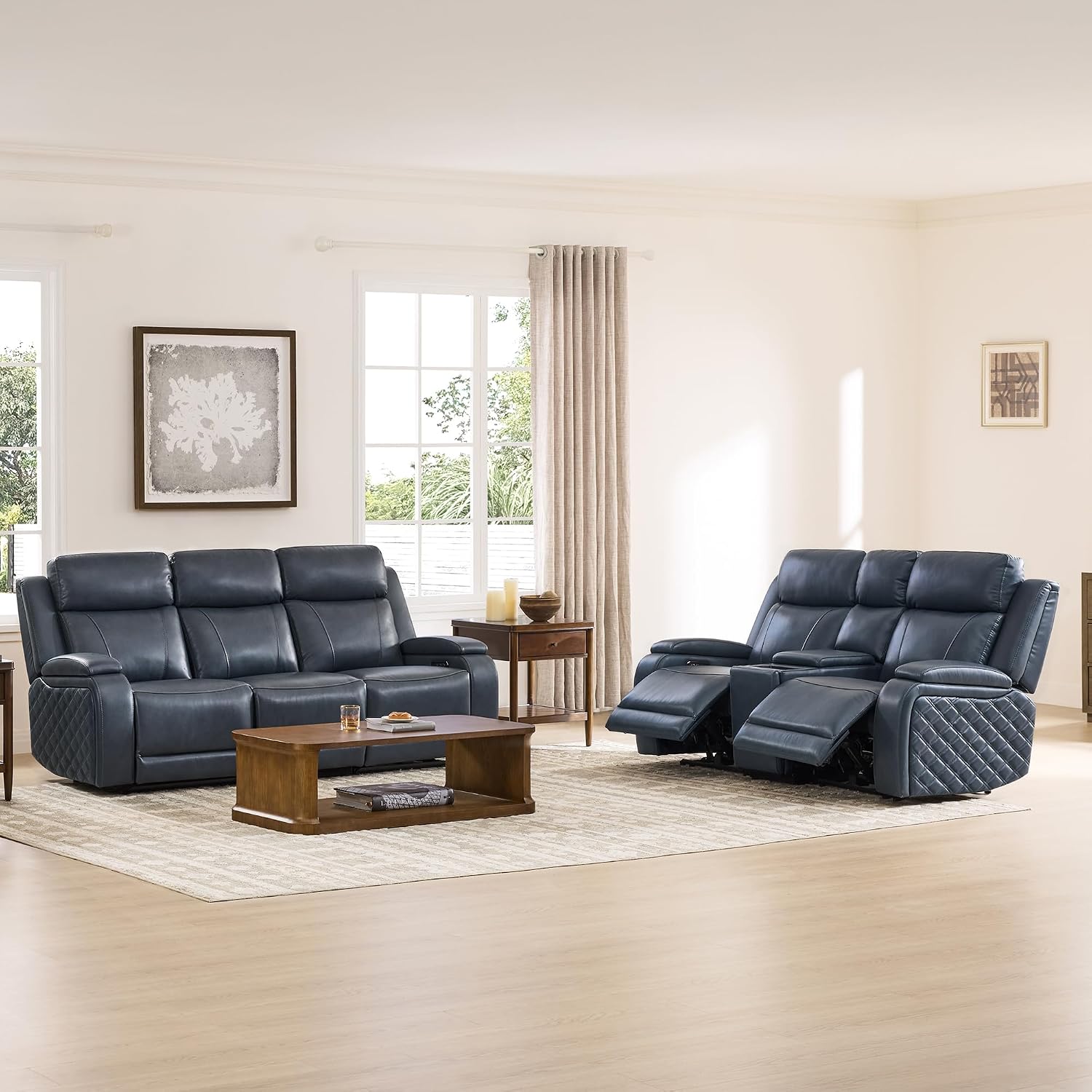 Watson & Whitely Genuine Leather Power Recliner Sofa, 3 Seater Zero Gravity Reclining Couch with Power Headrest & Flip Middle Backrest Table, Hidden Storage, Cup Holders for Living Room, Navy Blue