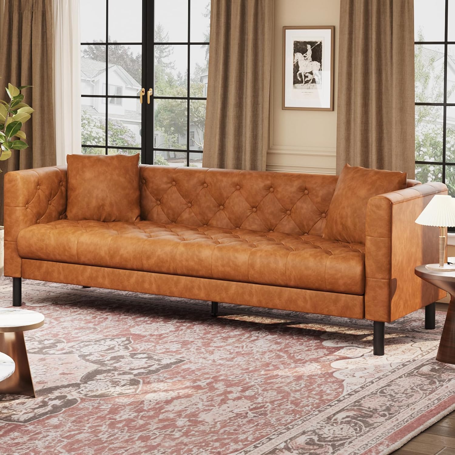 Garvee 81 Inch Leather Couch for Living Room, Modern Leather Sofa with Deep Seat, Handmade Button Tufted Sofa, Chesterfield 3 Seat Couch for Apartment, Office, Cognac Tan