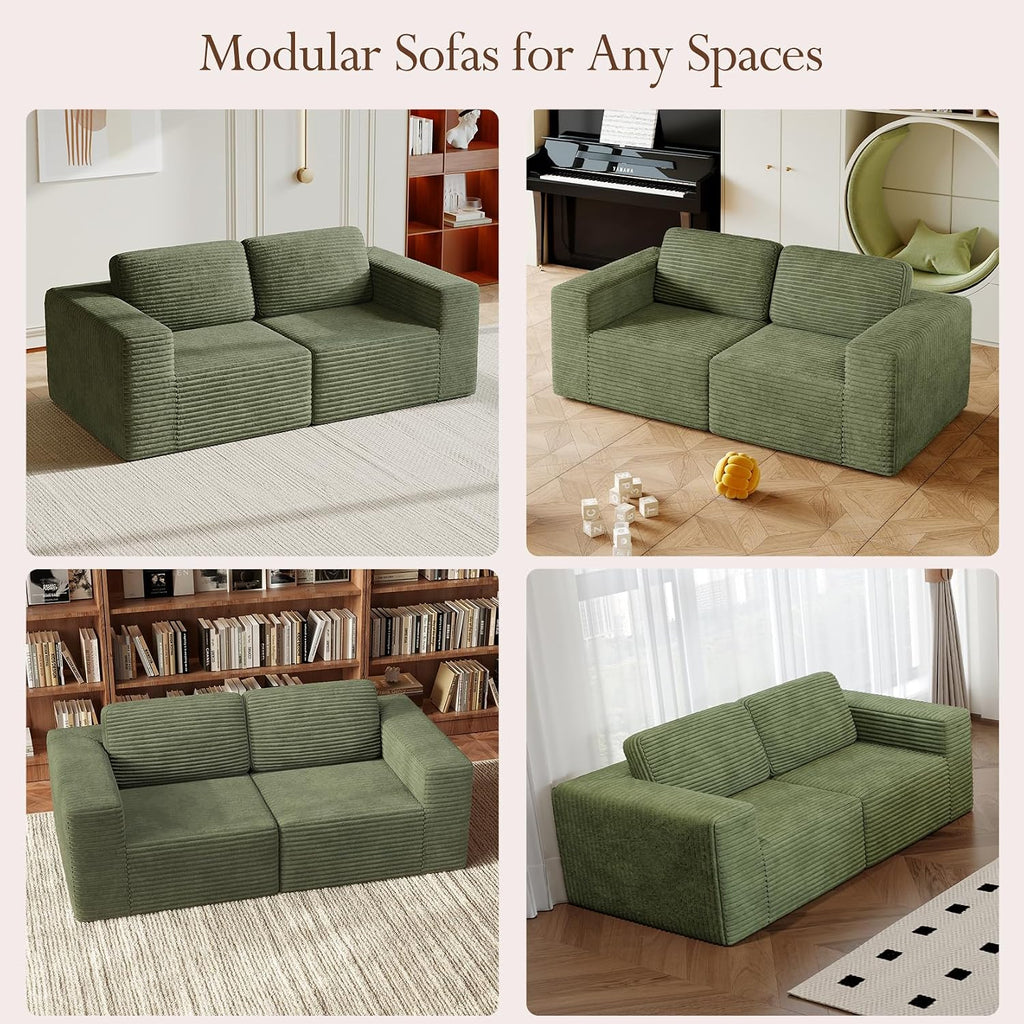 Vesgantti 80' Modular Sectional Sofa, Corduroy Cloud Couch with Deep Seating & Spring Support, 2 Seater Compact Modular Couch, Boneless Sectional Sofa for Small Spaces, No Assembly Required, Green