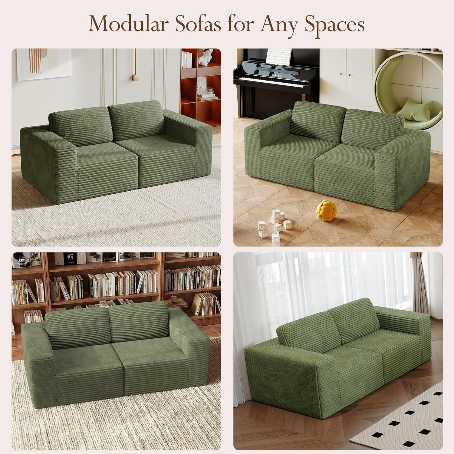 Vesgantti 80' Modular Sectional Sofa, Corduroy Cloud Couch with Deep Seating & Spring Support, 2 Seater Compact Modular Couch, Boneless Sectional Sofa for Small Spaces, No Assembly Required, Green
