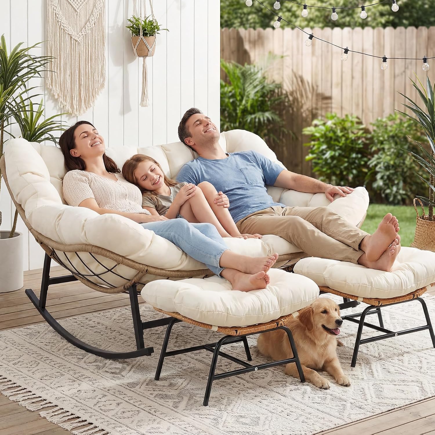 NICESOUL Oversized Double Rocking Papasan Chair with Cushion, 2 Person Big Wicker Outdoor Comfy Recliner, Large Heavy Duty Loveseat for Patio, Balcony, Backyard