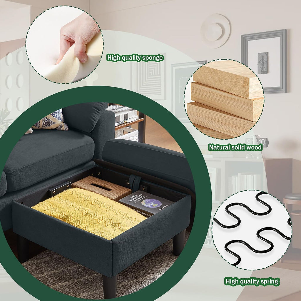 80' Convertible Sectional Sofa, Small L Shaped 3 Seat Couch with Reversible Storage Chaise, Modern Polyester Fabric Sofa Couches for Living Room, Apartment and Small Space, Dark Grey