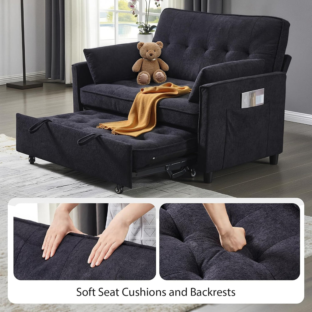 Convertible Sofa Bed, 3 in 1 Pull Out Couch, Loveseat Sleeper with Adjustable Backrest, Living Room Sofa with Two Pillows | Side Pocket | Fabric | USB Charging Port | Midnight Black