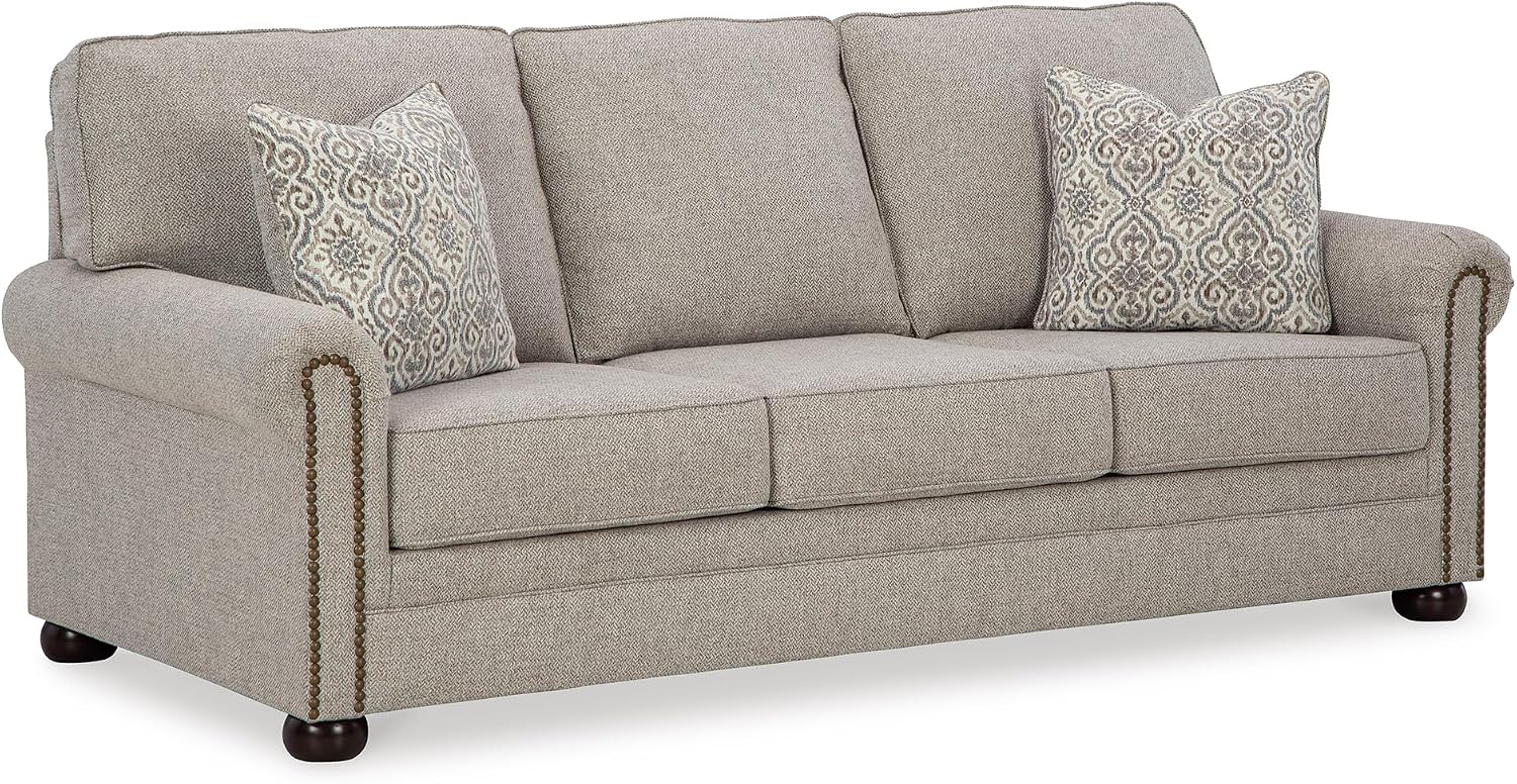 Signature Design by Ashley Gaelon Transitional 2-in-1 Sofa Sleeper with Folding Gel Memory Foam Mattress, Nailheads and 2 Accent Pillows, Queen, Beige