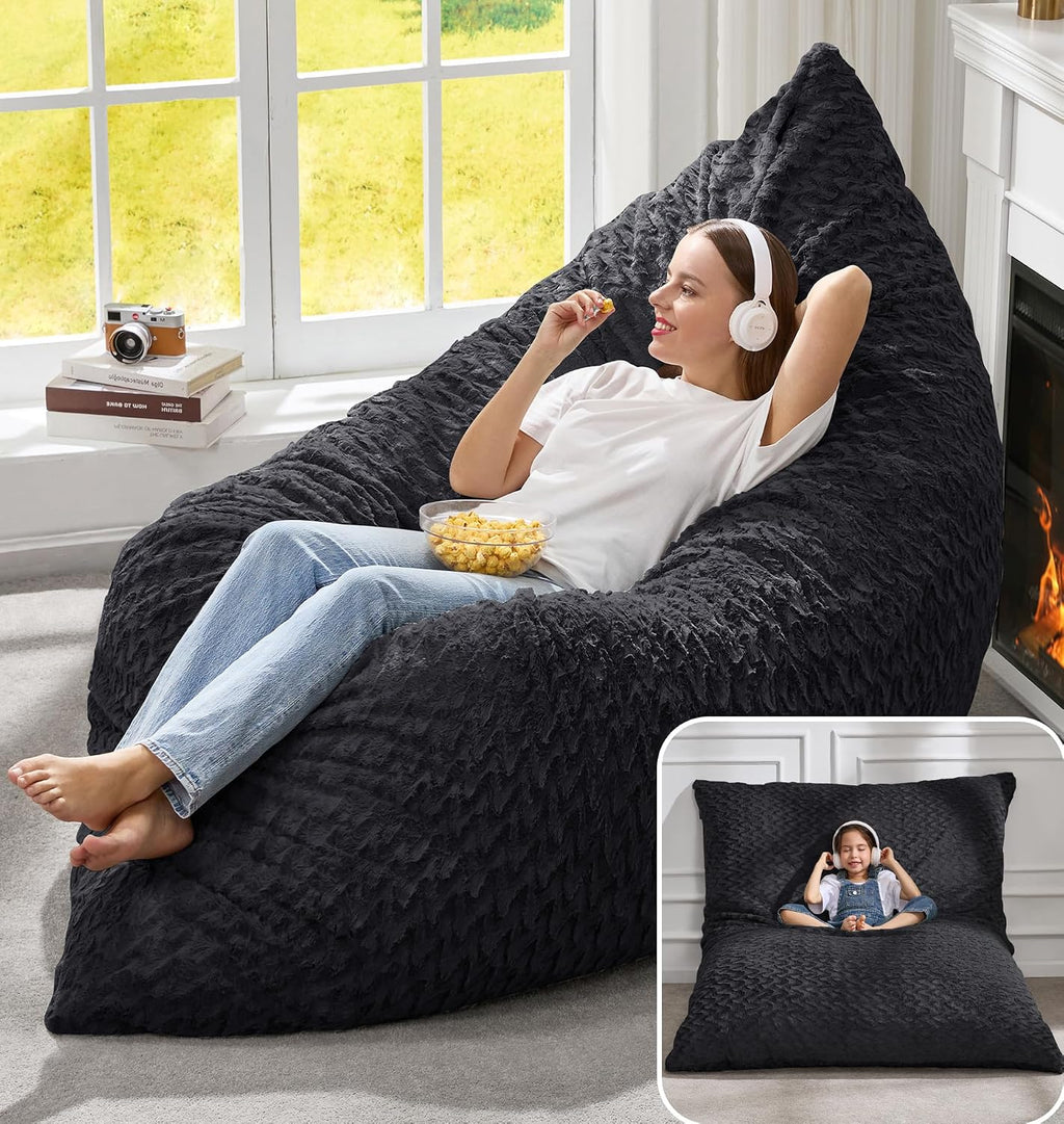 Hobestluk 3 in 1 Bean Bag Chair Giant Bean Bag Chairs for Adults with Chevron Plush Fur Cover Convertible Bean Bag Floor Cushion with Machine Washable Cover for Living Room (Chevron Plush Black)