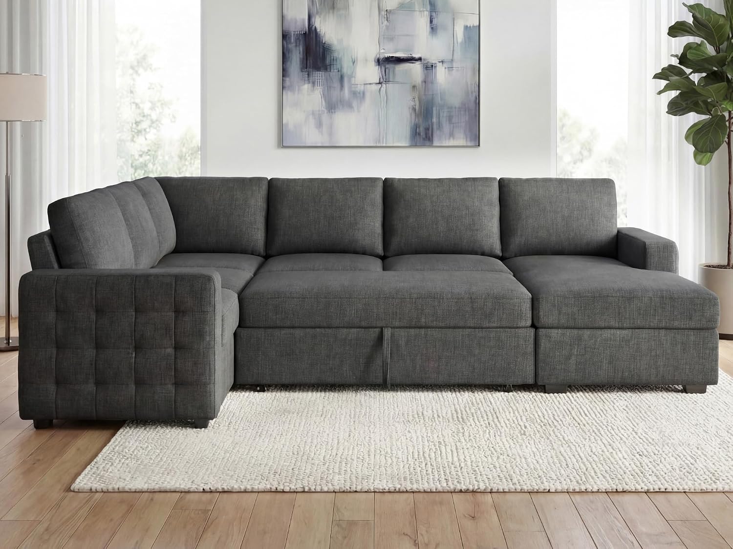 HONBAY Sectional Sleeper Sofa with Pull-Out Bed Storage Chaise, 6 Seater Couch for Living Room, Middle Grey