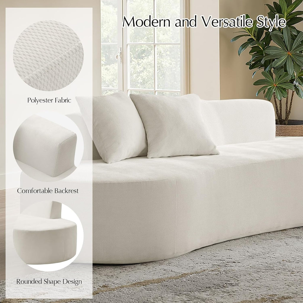 HULALA HOME 94.5' Curved Boneless Couch with Two Pillows, Oversized 3 Seater Compressed Foam Sofa with Deep Seat, Modern Cloud Couch for Living Room, No Assembly Required, Ivory
