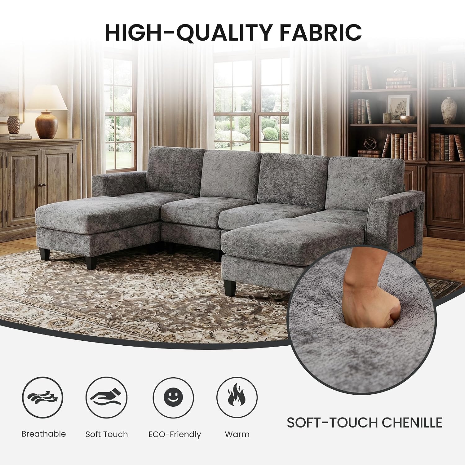 MALOL 118' Sectional U-Shaped Cloud Couch, Modular Modern 4-Seat Sofa, with USB Type C Ports, Foldable Side Table and 2 Ottomans, for Home Living Room, Grey