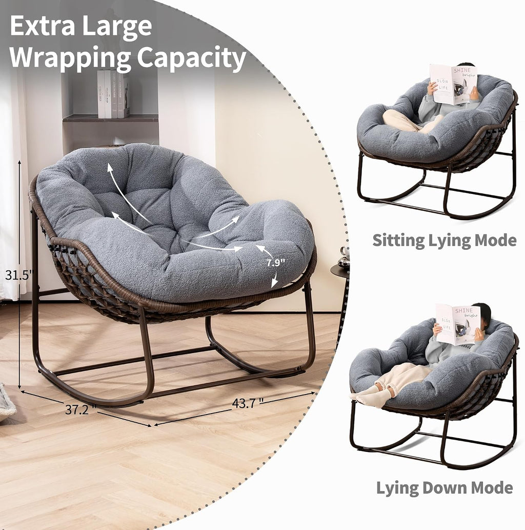 Oversized Papasan Rocking Chair - Outdoor Luxury Oversized Comfy Patio Chair Indoor Egg Royal Rattan Rocking Chair with Cushion for Front Porch Lounge Lawn Bedroom Living Room (Grey Teddy)