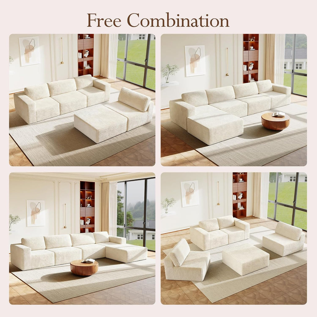 Vesgantti 159' Large Modular Sectional Sofa, L-Shaped Corduroy Cloud Couch with Deep Seats & Spring Support, 4-Seater Boneless Sofa with Movable Ottoman, No Assembly Needed, Beige