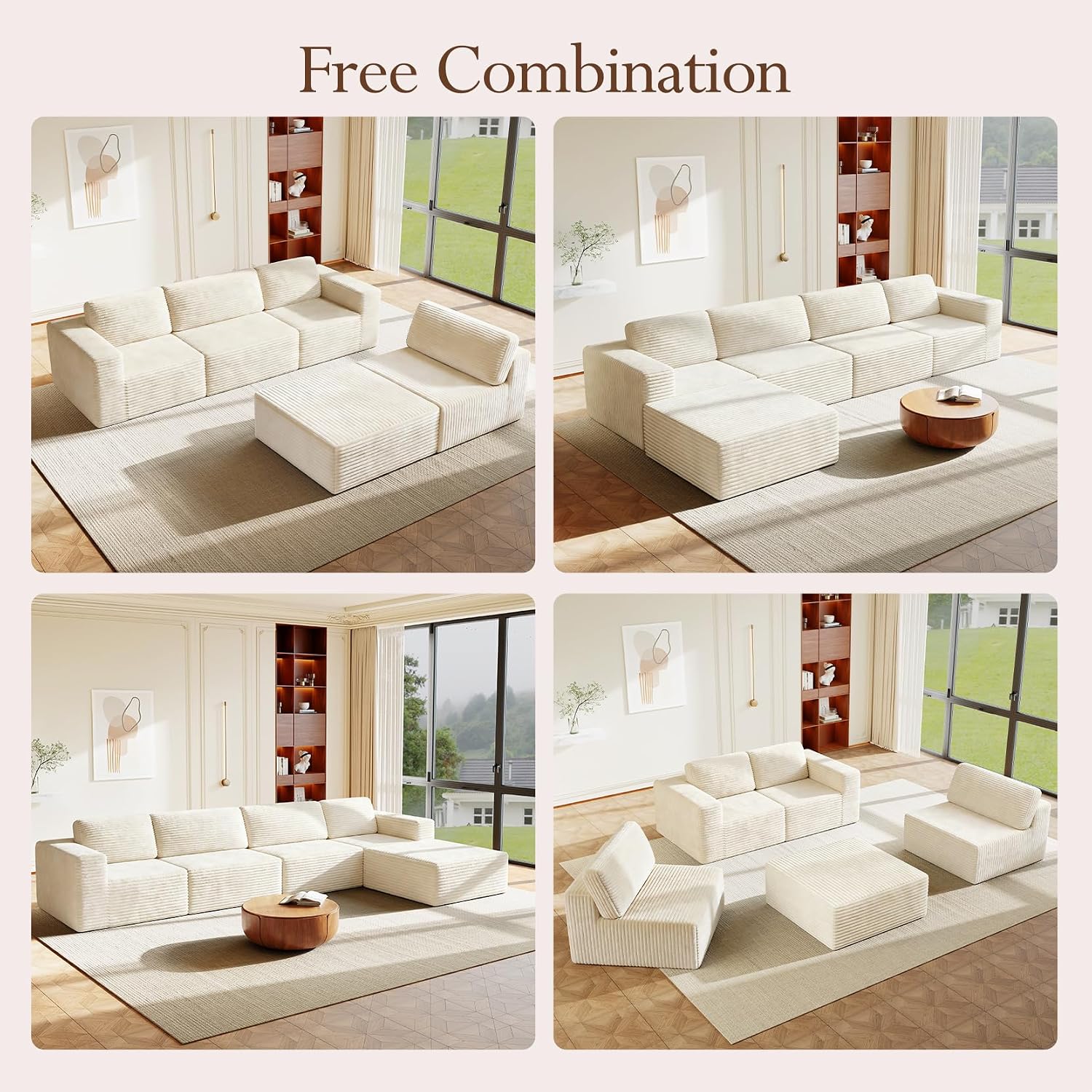 Vesgantti 159' Large Modular Sectional Sofa, L-Shaped Corduroy Cloud Couch with Deep Seats & Spring Support, 4-Seater Boneless Sofa with Movable Ottoman, No Assembly Needed, Beige