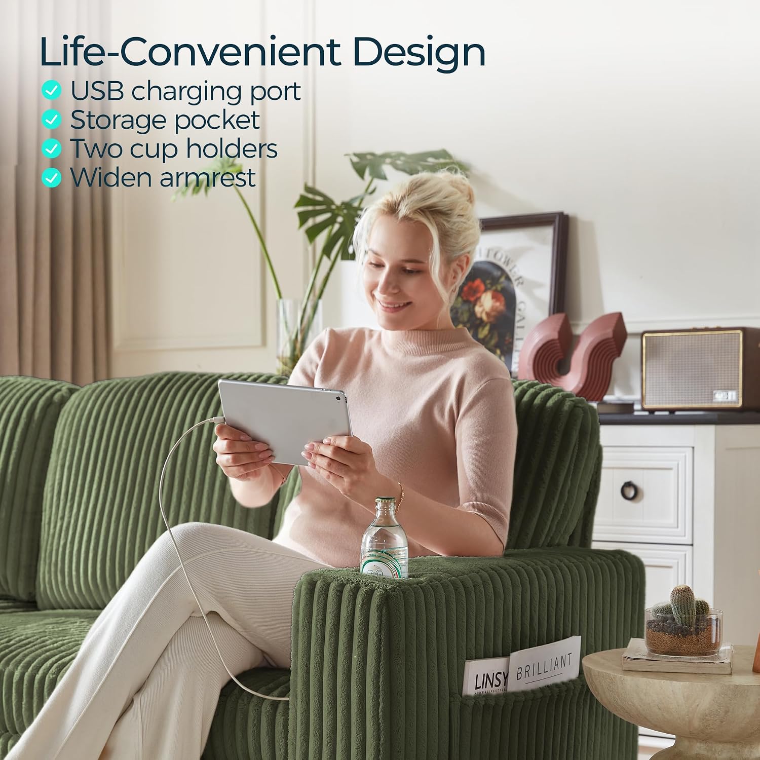 LINSY HOME Sectional Sleeper Sofa Only Corner (Green)