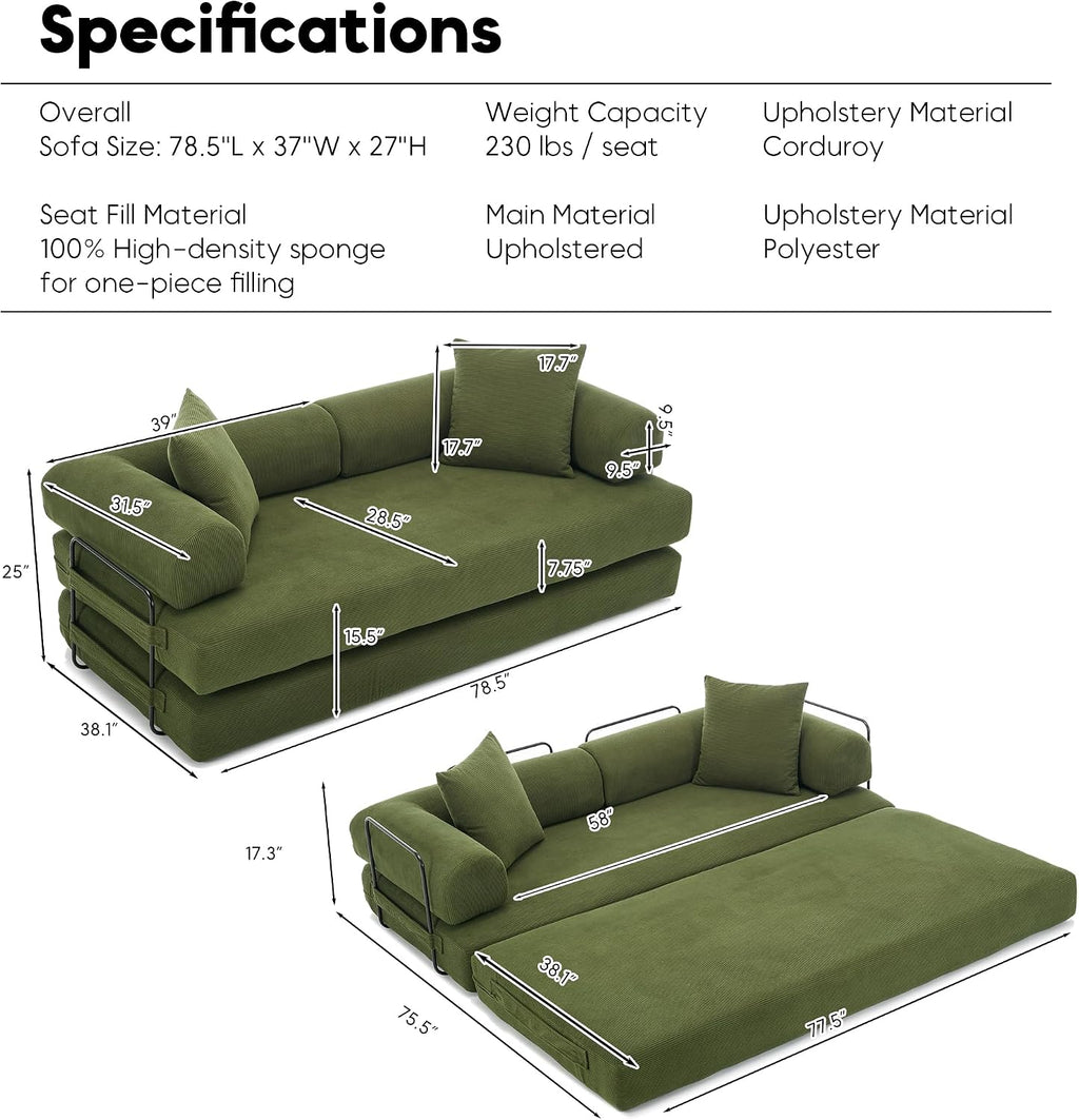 ZEIINPA Convertible Sleeper Sofa Bed with Cylindrical Pillow, Corduroy Folding Mattress Couch with Fixed-Shape Frame, Floor Sofa Lounge Couch for Living Room Bedroom Lounge Studio-Green