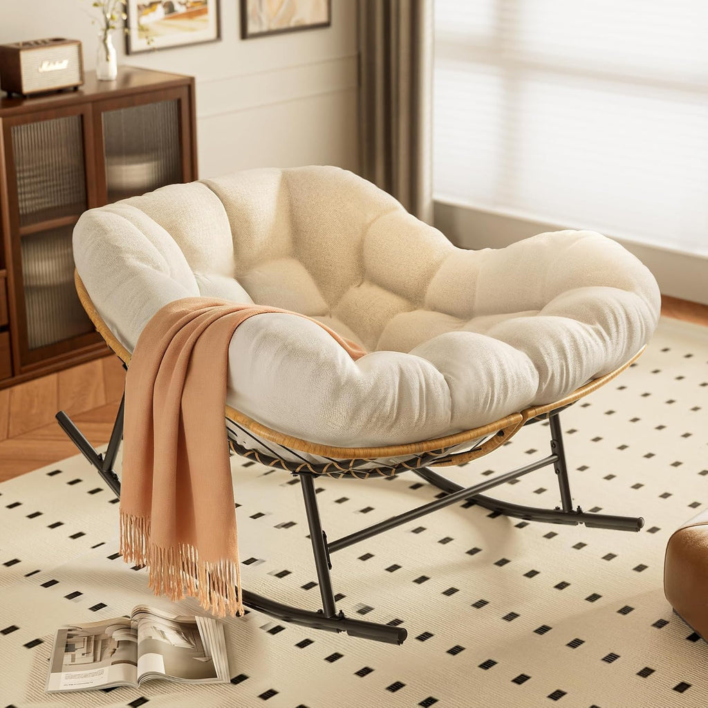 Easyego Oversized Papasan Rocking Chair Indoor Outdoor Use, Comfortable Wicker Rocker with Cozy Thicken Cushion for Deck, Balcony, Poolside, Lawn, Bedroom, Living Room, White