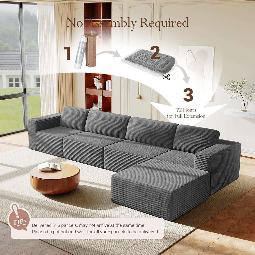 Vesgantti 159' Large Modular Sectional Sofa, L-Shaped Corduroy Cloud Couch with Deep Seats & Spring Support, 4-Seater Boneless Sofa with Movable Ottoman, No Assembly Needed, Grey