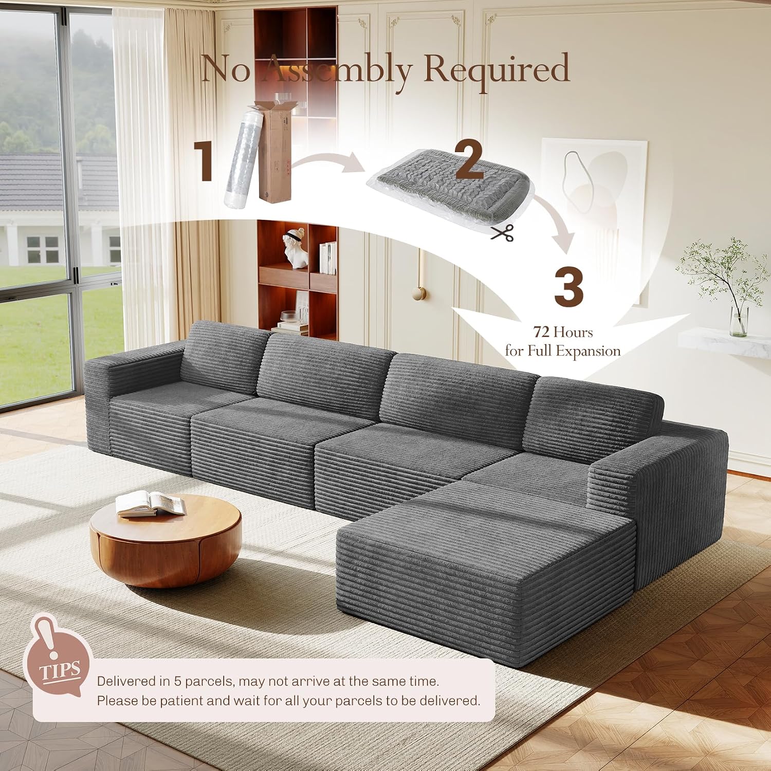 Vesgantti 159' Large Modular Sectional Sofa, L-Shaped Corduroy Cloud Couch with Deep Seats & Spring Support, 4-Seater Boneless Sofa with Movable Ottoman, No Assembly Needed, Grey