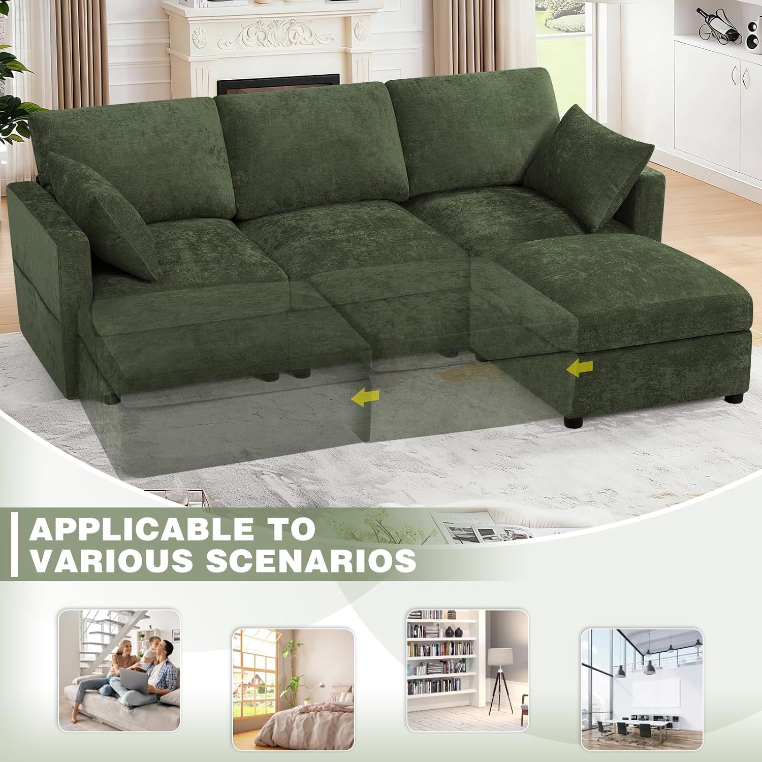 84' Chenille 3 Seats Sofa W/Movable Ottoman, Modern Fabric L Shaped Couch w/Soft Backrest, Upholstered Sectional Sofa with Armrest Pillows for Living Room, Office, Green