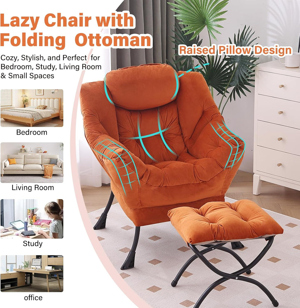 Furlide Lazy Chair with Ottoman, Modern Accent Chair with Armrests and a Side Pocket, Velvet Orange Accent Chairs, Reading Chairs, Oversized Armchairs for Bedroom, Study, Living Room, Courtyard