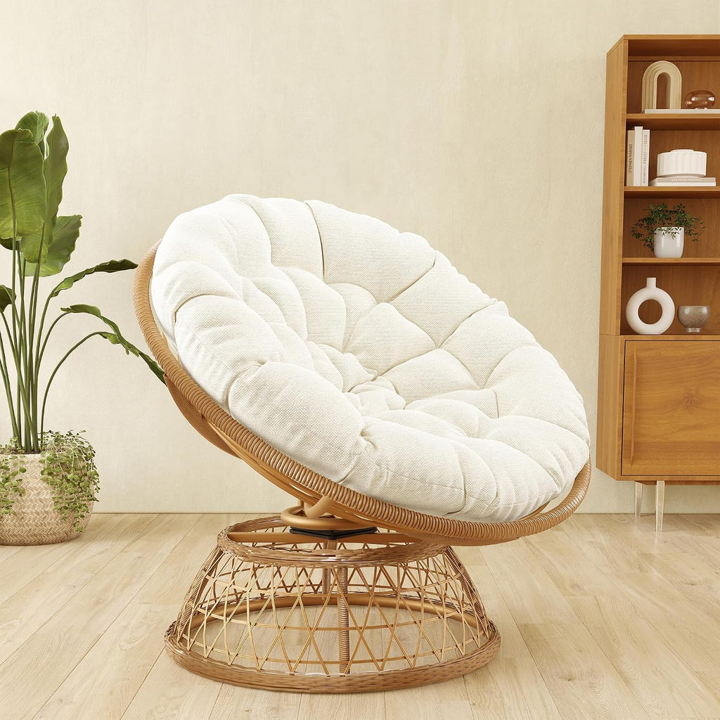 38'' 360 Degree Swivel Wicker Papasan Chair with Cushion and Base - Thickened Rattan Swivel Papasan Chair with Soft Cushion and Durable Frame, Oversized Reading Chair for Living Room, Beige