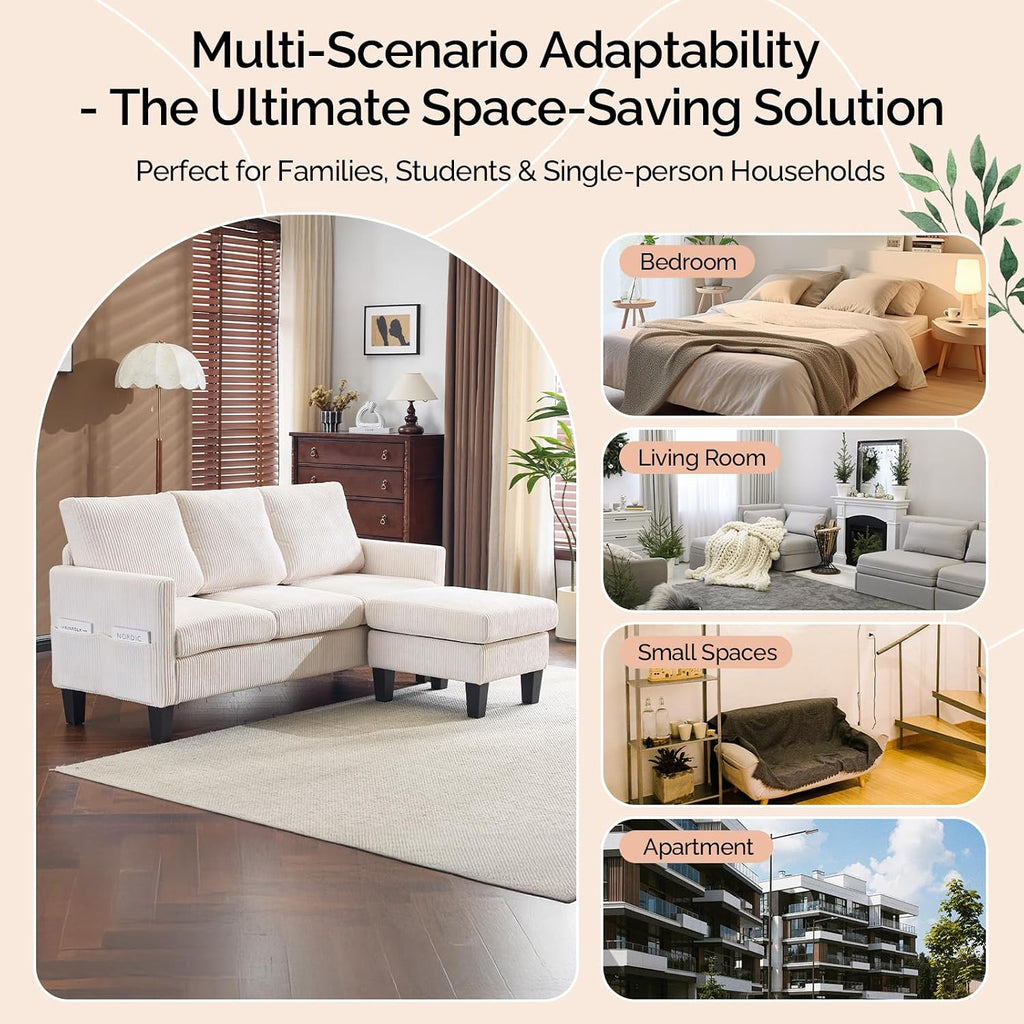 VINGLI 68.5' L Shaped Couch with Movable Storage Ottoman, Convertible Sectional Sofa in Soft Corduroy Fabric, Modern Reversible Chaise Couch for Small Spaces, Apartment, Living Room，Cream White
