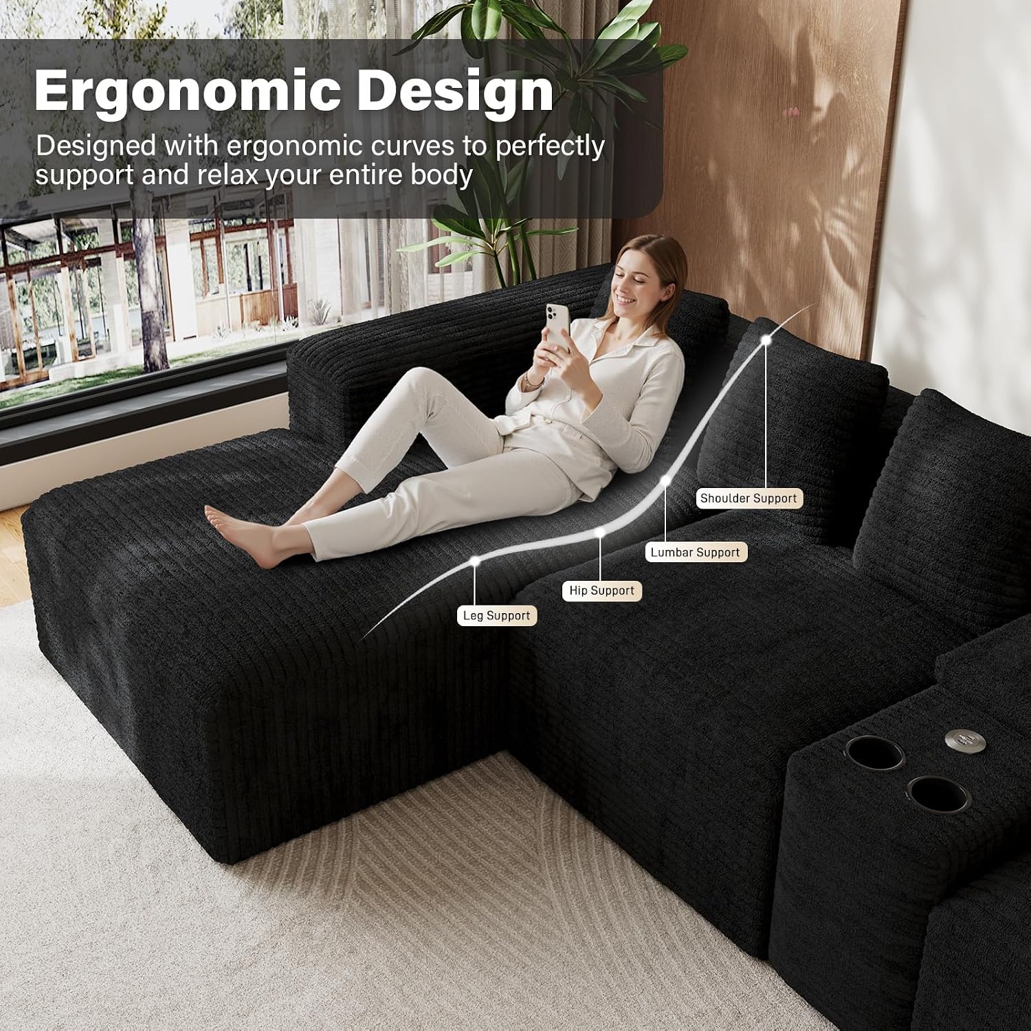 143' Oversized U Shaped Cloud Sectional Couches for Living Room, Comfy Fluffy Corduroy Black Boneless Couch, Large Modular Sectional Sofa Set with Chaise, Cup Holder, USB Port, Storage Console