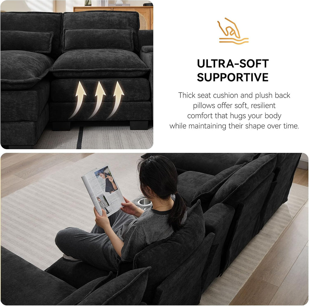 125'' U Shaped Cloud Modular Sofa with Chaise Lounges, Chenille Upholstered Comfy Sectional Couch with Storage Console, USB Charging Ports & Cup Holders, Small Deep Seat Sofa for Living Room, Black