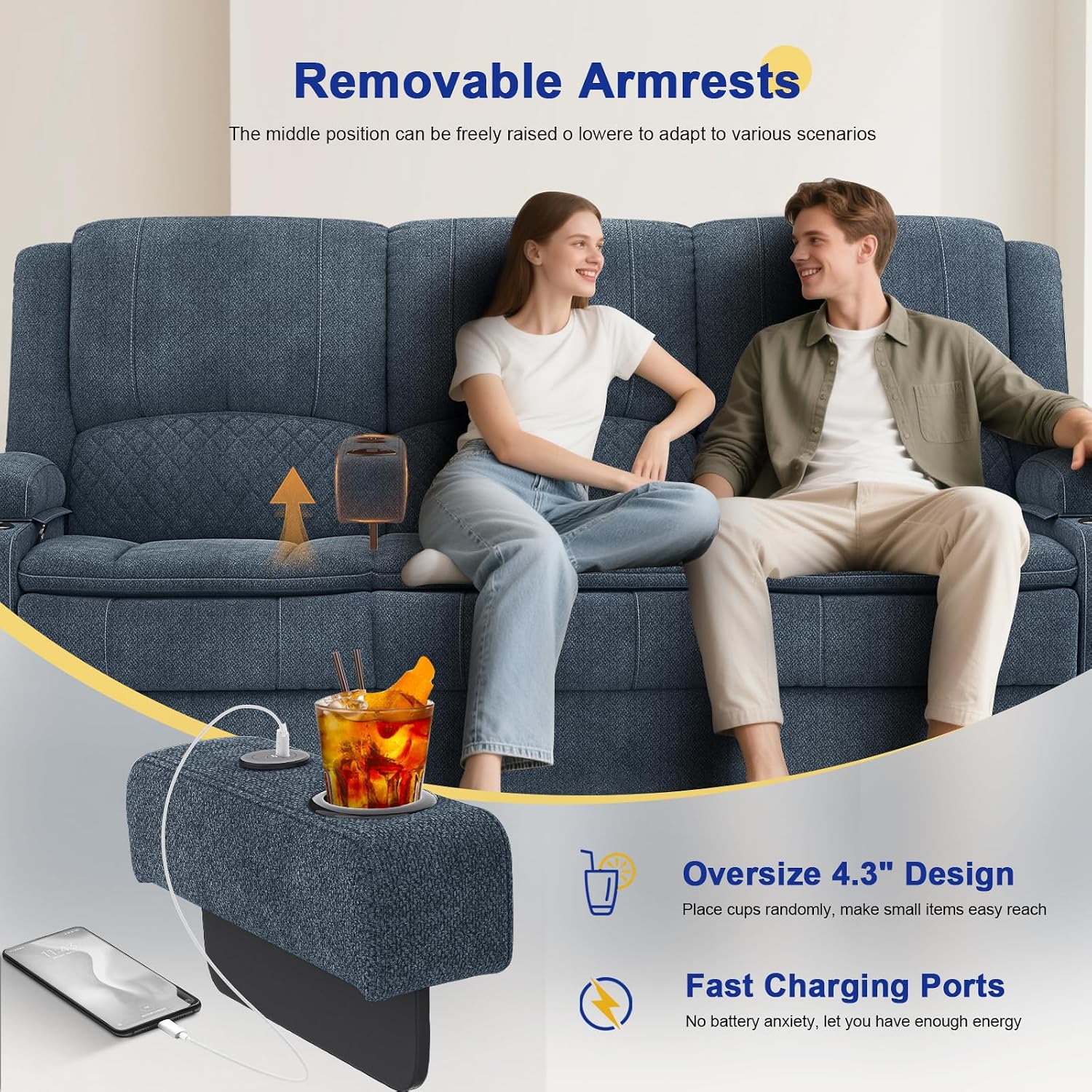 Recliner Sofa 3 Seater Sofa with Recliner, Home Theater Seating with Liftable Console & Removable Armrest, Manual PU Leather Reclining Couch with Cup Holders & USB for Living Room/RV (Fabric,Blue)