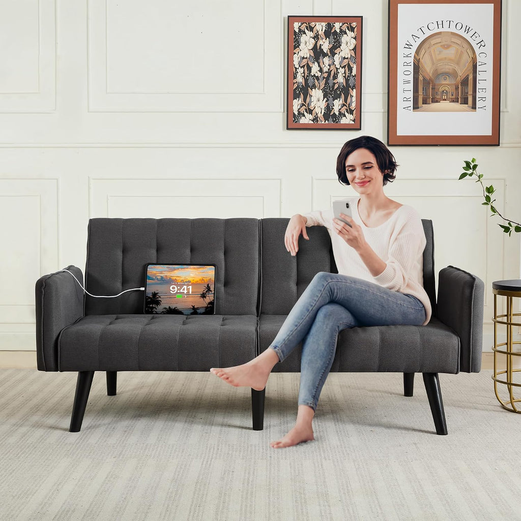 TYBOATLE 65' Convertible Futon Sofa Bed w/ 2 USB, Upholstered Tufted Small Adjustable Folding Couch Loveseat, Modern Mid Century Sleeper Sofa for Living Room, Bedroom, Apartment, Office (Dark Grey)