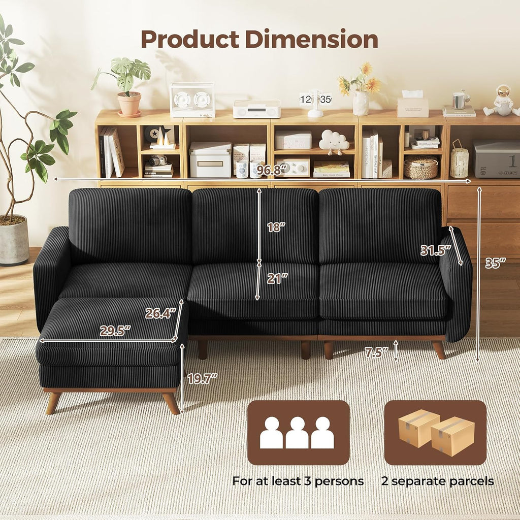 Vesgantti 97' Modular Sectional Sofa Black, L-Shaped Couch with Movable Ottoman, Comfy Corduroy Couch with Spring Cushion, Modular Sofa with Deep Seat for Living Room, Bedroom and Apartment
