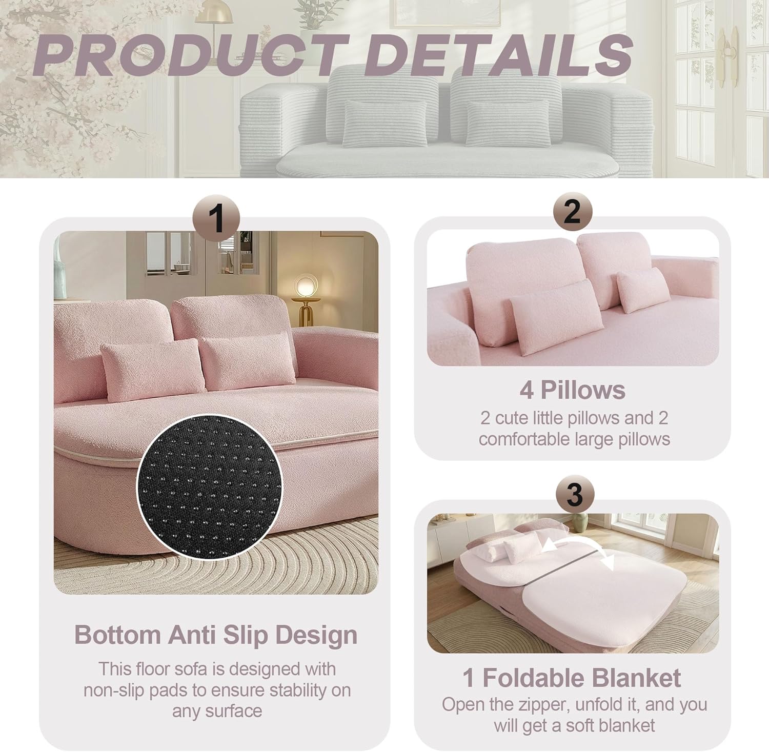 75'' Folding Sleeper Sofa Bed, Convertible Memory Foam Boneless Couch, Foldable Full Size Guest Bed, Modern 2-in-1 Futon Floor Sleeper Sofa with 4 Pillows and Blanket (Teddy, Pink2)