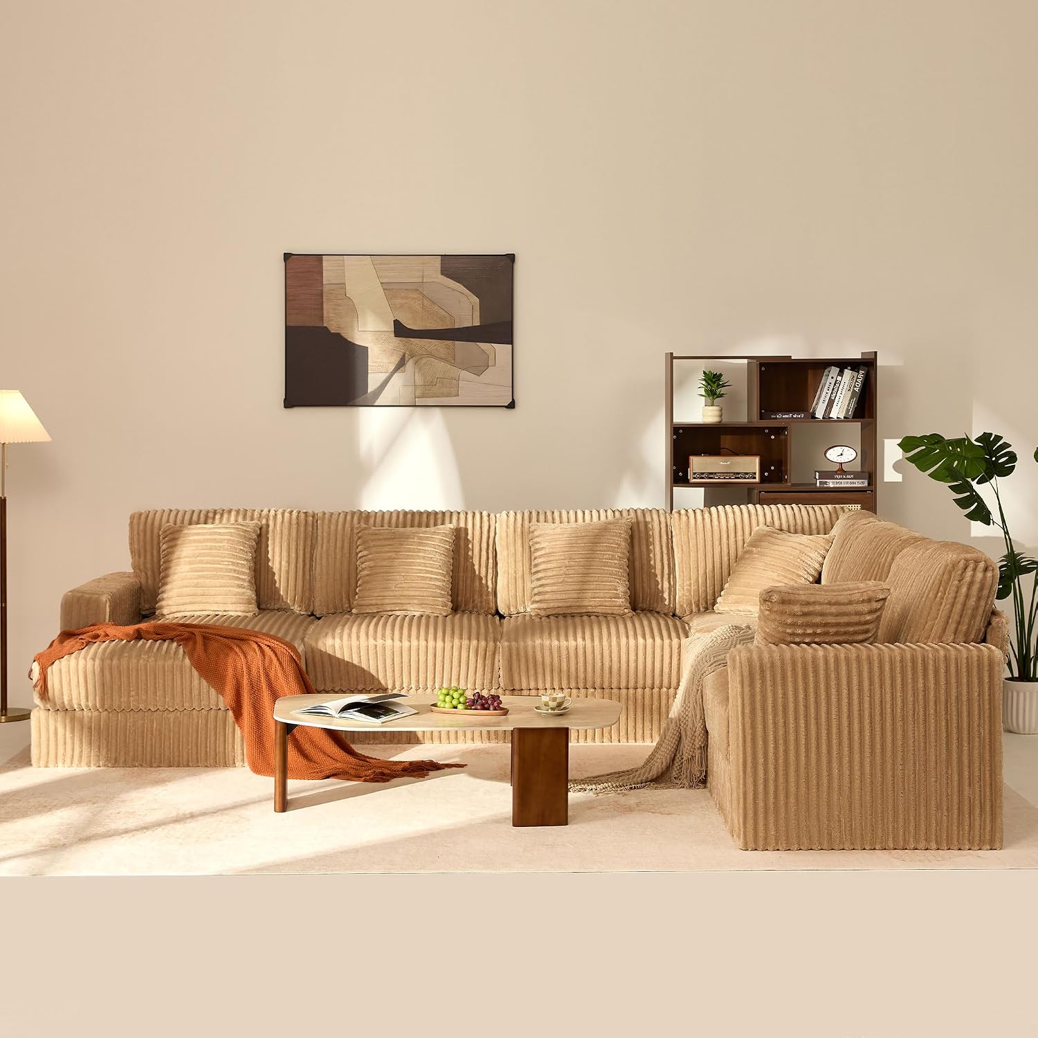 Cloud Couch 139' U-Shaped Couch(Not Boneless), Oversized 7-Seater Modular Couch, Queen Sofa with Corduroy Upholstery, Deep Seats, Pocket Spring Cushions for Living Room, Left Facing Chaise, Camel