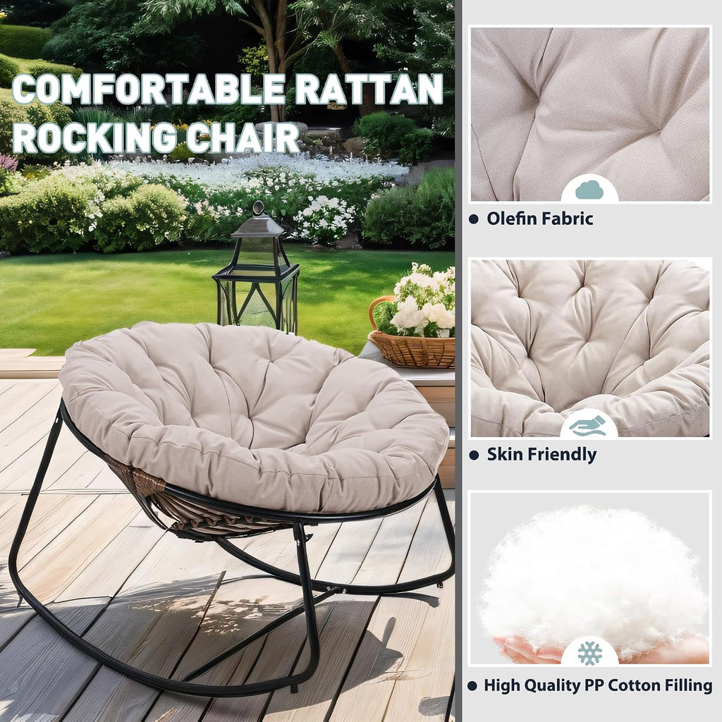 Outdoor Rocking Chair, Indoor & Outdoor Comfy Oversized Papasan Chair with Padded Cushion, Oversized Metal Frame Egg Chair for Living Room, Patio, Front Porch, Backyard