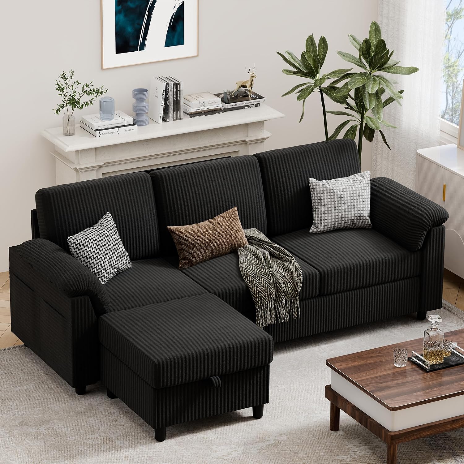 Vongrasig 79' Convertible Sectional Couch Sofa with Storage Ottoman, 3 Seat L Shaped Couch with Side Storage Pockage, Small Couches for Living Room, Apartment and Small Space, Black