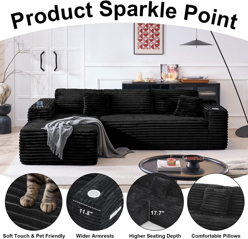 Cloud Sofa Sectional Couch with L-Shape Chaise, Modern Corduroy Boneless Modular Sofa with Cup Holder for Living Room and Apartment, Deep Seat Floor Couch No Assembly (Black, Left Facing Chaise)