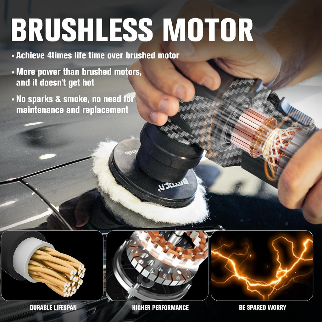 BATOCA S4 Cordless Multi-Polisher-Set, with 2Pcs 12V 2.5Ah Batteries, RO&DA Car Buffer Polisher, 1&3inch Mini Brushless Polisher for Car Detailing, Carbon Style